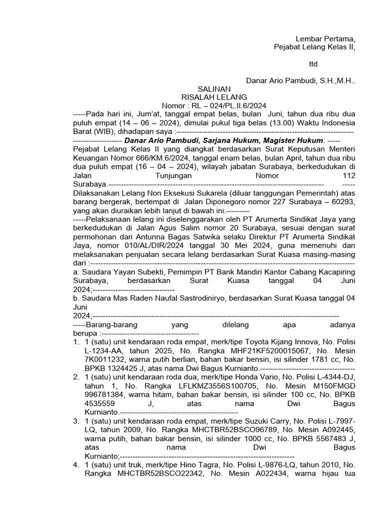 Contoh Risalah Lelang Dengan Balai Lelang | PDF