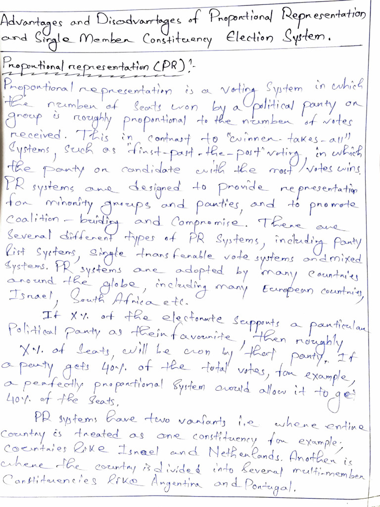 Advantages and Disadvantages of PR System and Single Member