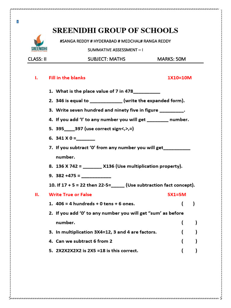 Class II Maths SA-1 Question Paper | PDF | Summation | Mathematics