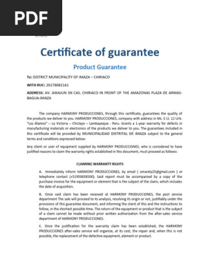 Sound Equipment Warranty Certificate