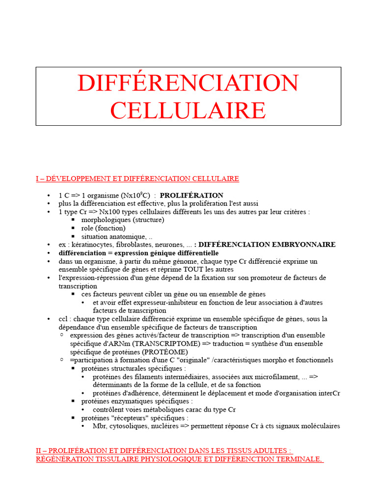 Différenciation Cellulaire et Prolifération | PDF | Différenciation ...