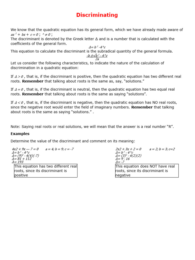 Discriminant and Roots of Quadratics | PDF | Quadratic Equation | Equations