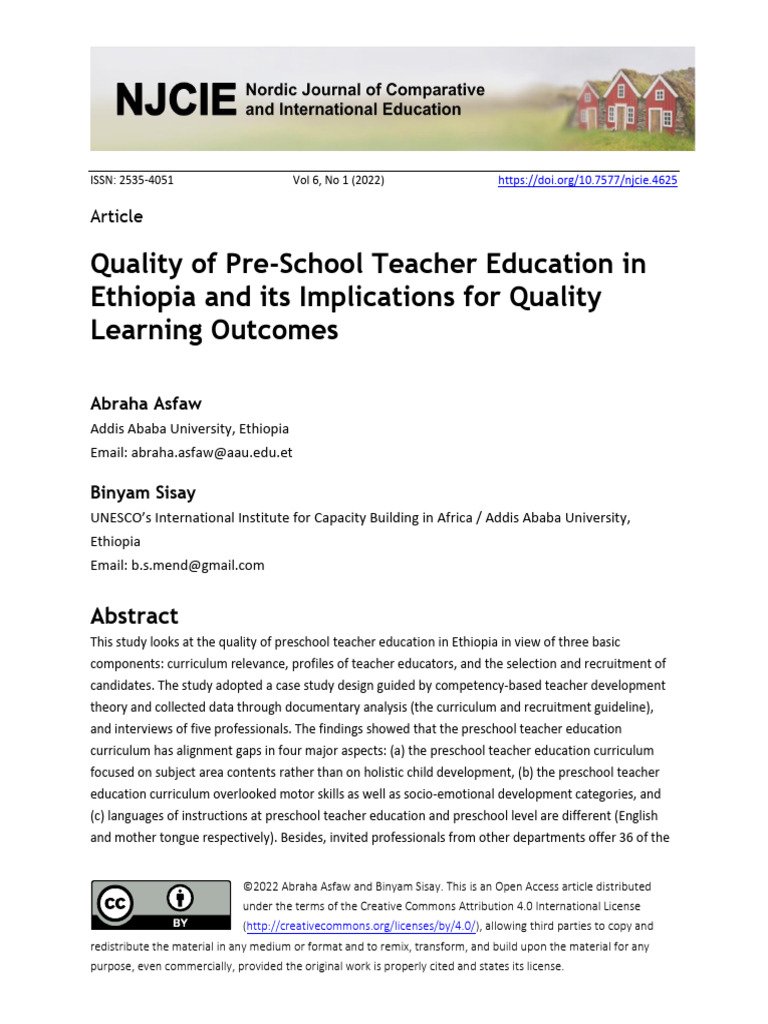 Quality of Pre-School Teacher Education in Ethiopia and Its ...