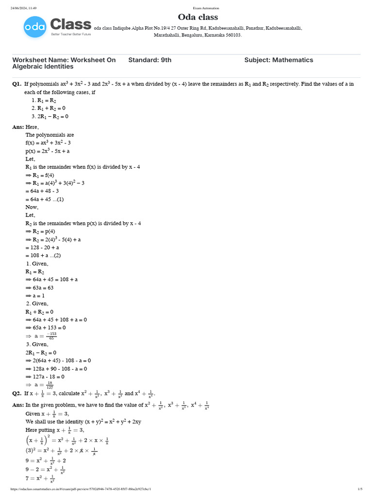 Solution for worksheet on algebraic identities class 9 pdf