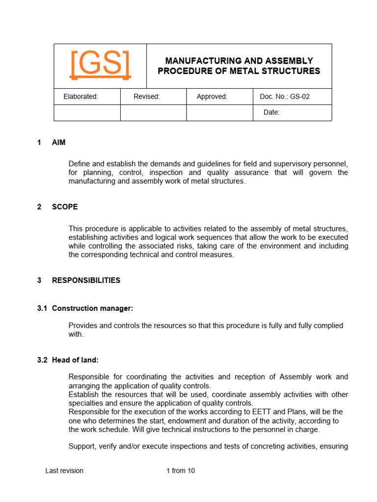 Metal Structure Assembly Procedure | PDF | Welding | Construction