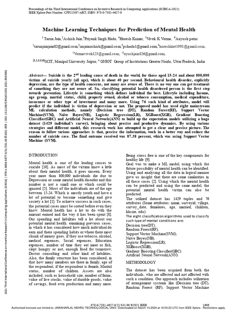 Machine Learning for Mental Health Prediction | PDF | Support Vector ...