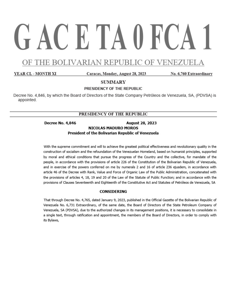 Official Gazette - Changes To The PDVSA Board of Directors | PDF |  Venezuela | Government