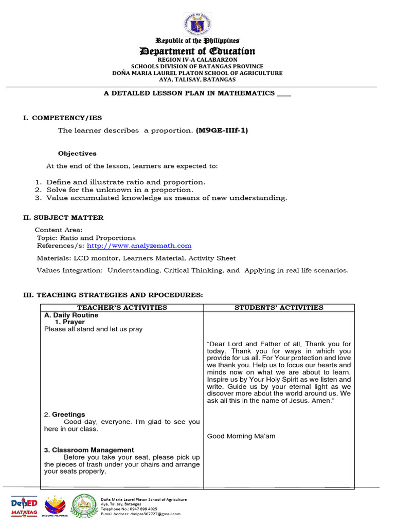 Detailed Math Lesson Plan: Ratios & Proportions | PDF | Ratio | Lesson Plan