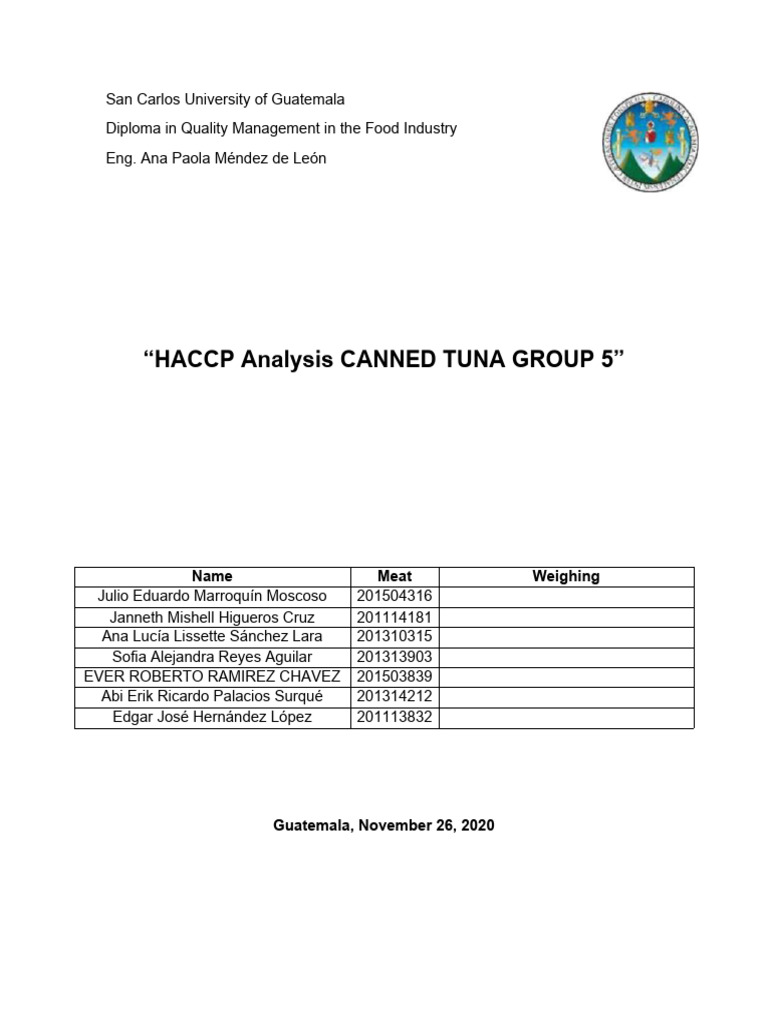 Haccp Plan Canned Tuna Group 5 PDF Sterilization (Microbiology