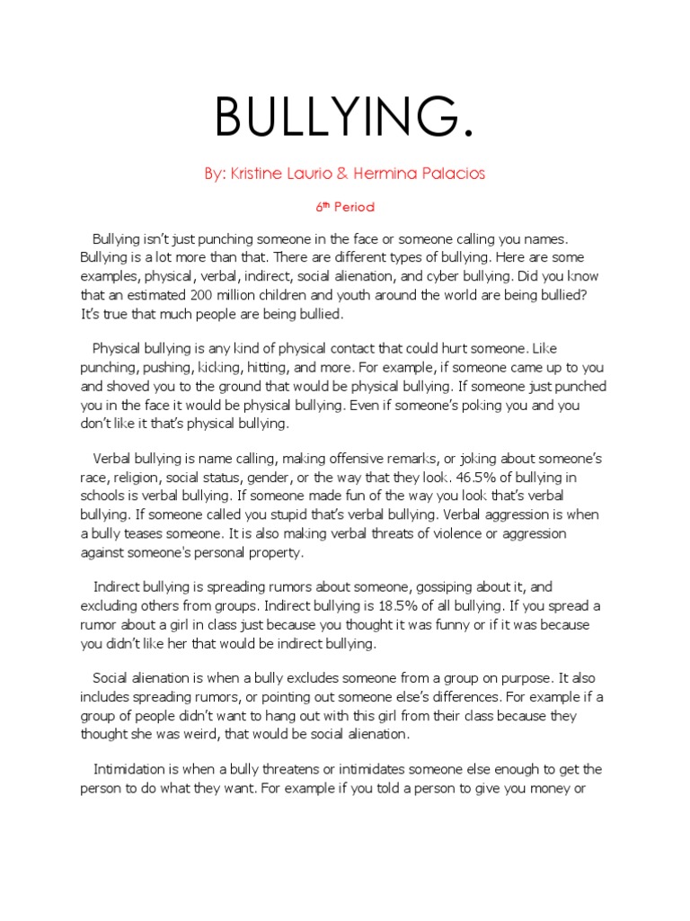 Bullying Essay Example - Cause & Effect of Buylling Sample Essay- Students Assignment Help