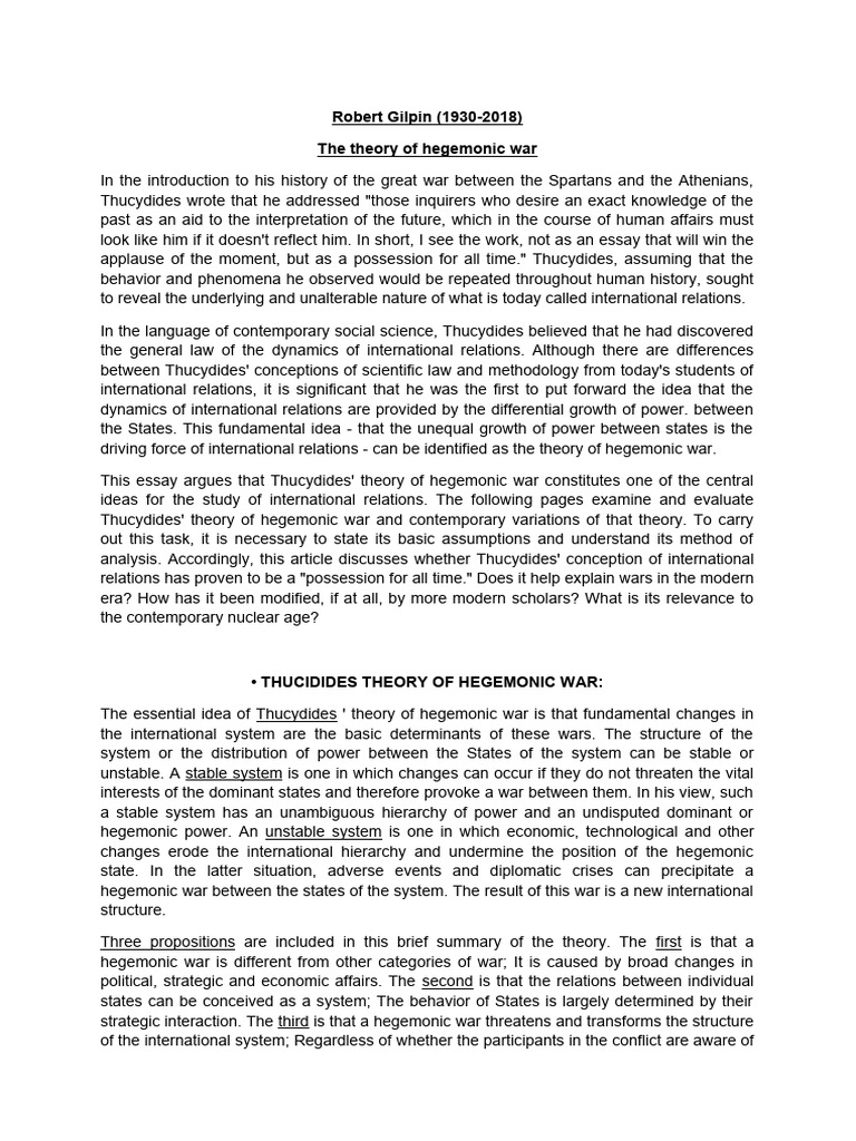 Thucydides' Hegemonic War Theory | PDF | Sparta | Hegemony
