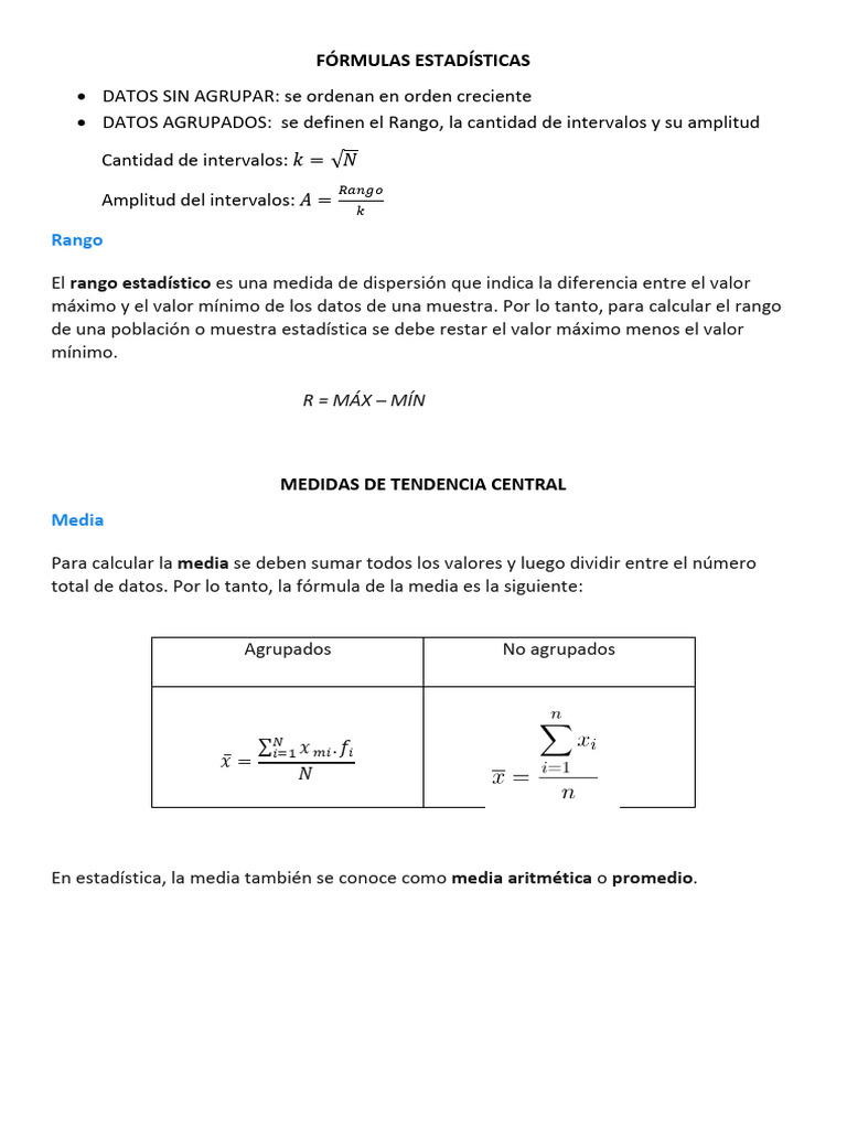 Formulas Estadísticas | PDF | Desviación Estándar | Mediana
