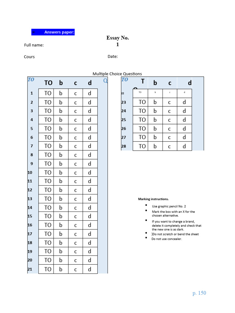 Multiple Choice Answer Sheet Template | PDF | Multiple Choice | Data ...