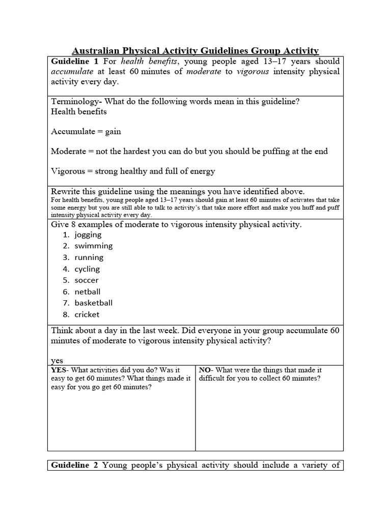 Australia's Physical Activity Guidelines Group Activity Family or ...