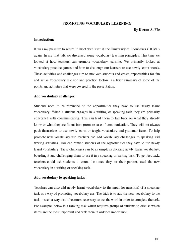 Promoting Vocabulary Learning: by Kieran A. File | PDF | Vocabulary ...