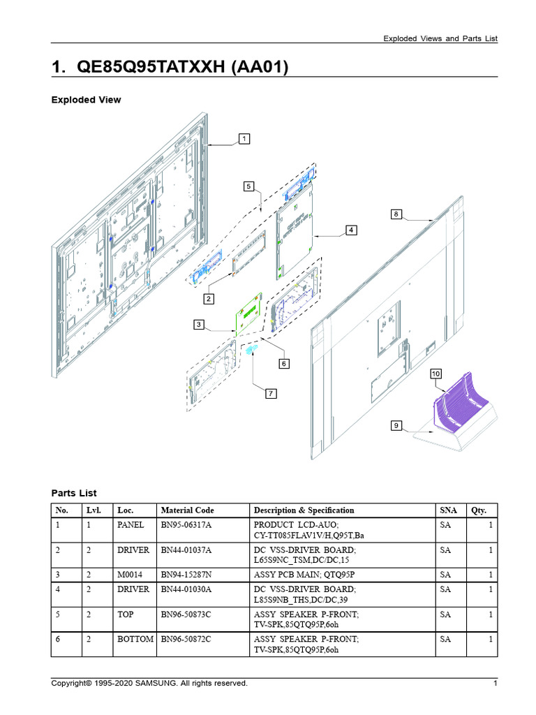 Samsung qe85q95t exploded view parts list download free pdf