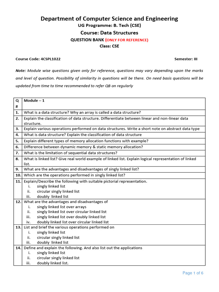 Department of Computer Science and Engineering: Course: Data Structures ...