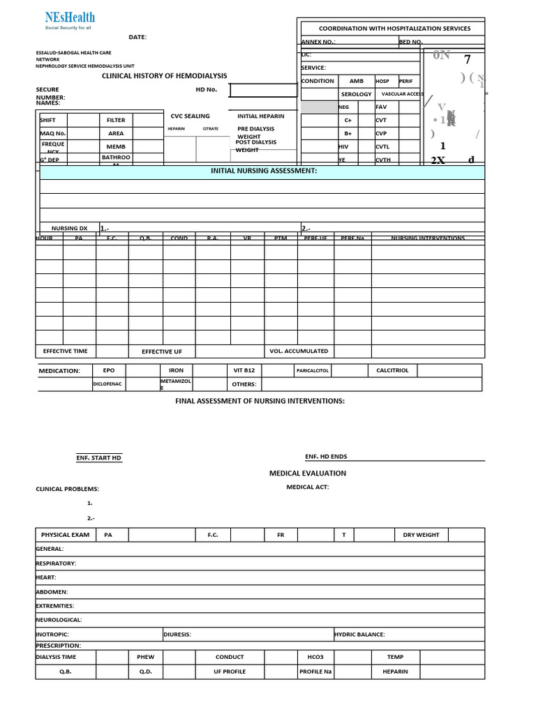 Clinical History Form For Hemodialysis | PDF | Hemodialysis | Social ...
