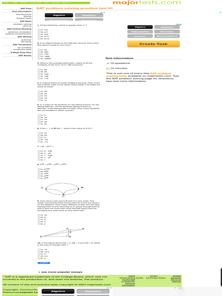 SAT Problem Solving Practice Test 01 Major Tests | PDF | Sat | Graduate ...