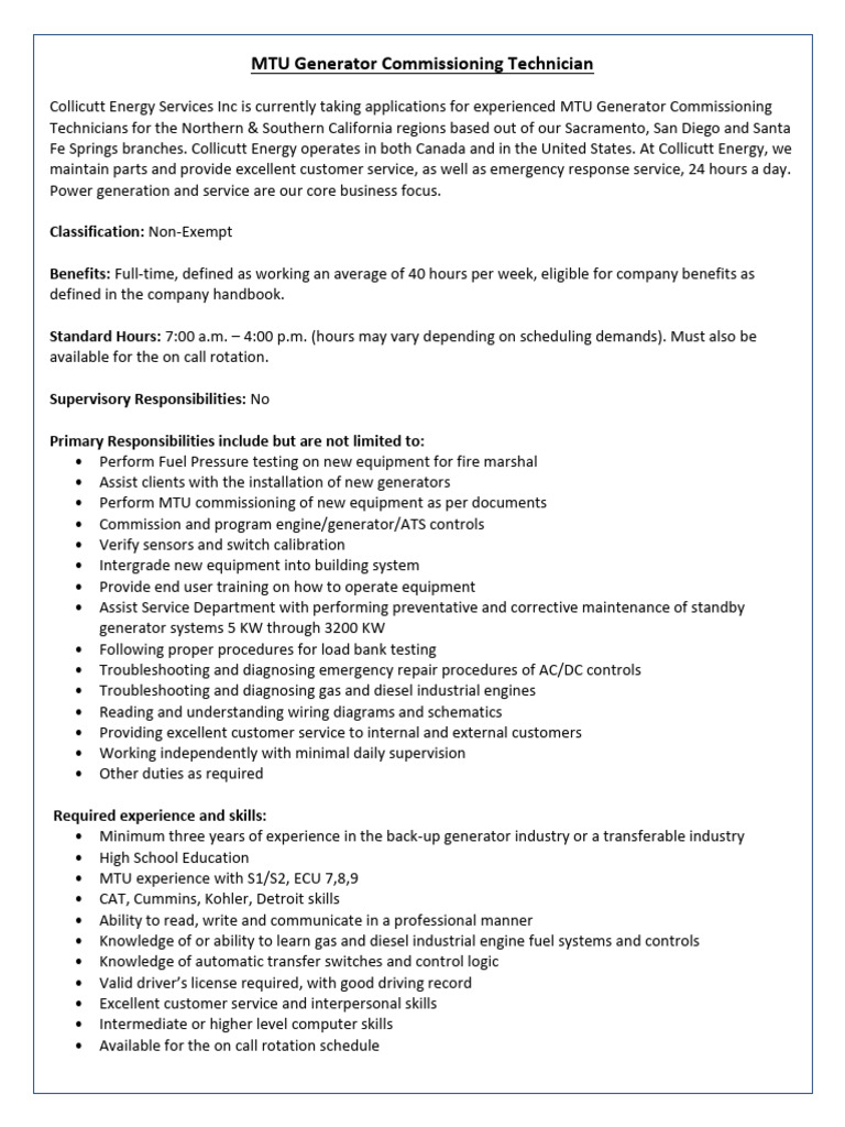 Curated visual reference: Gallery Detail: Mtu Generator Commissioning Technician Mar 2020 Pdf