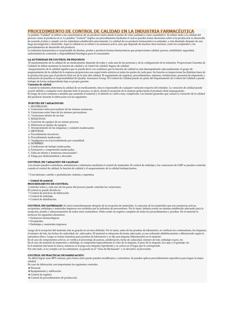 Procedimiento de Control de Calidad en La Industria Farmacéutica. | PDF ...