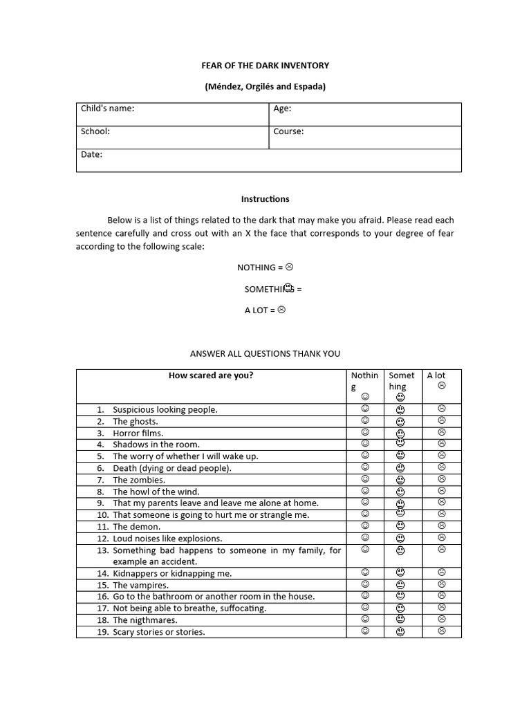 Fear of the Dark Inventory Worksheet | PDF