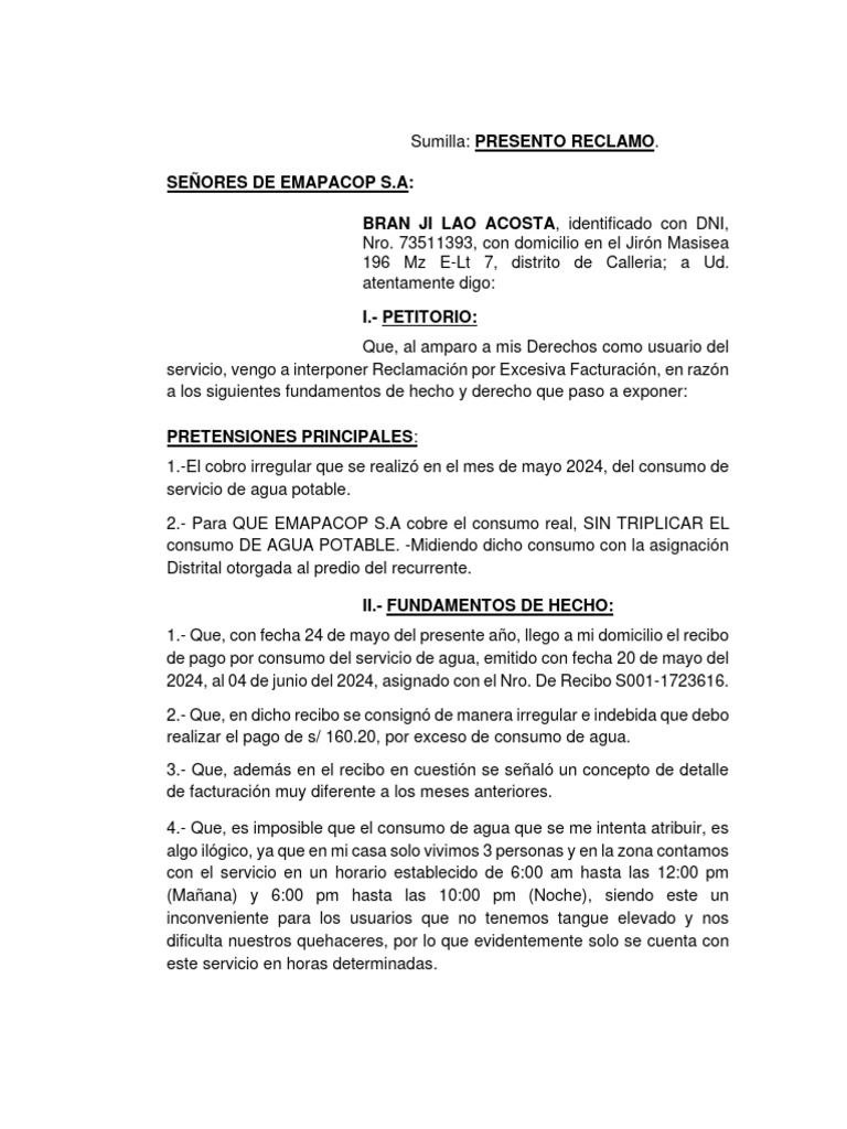Reclamo por Cobro Excesivo de Agua | PDF