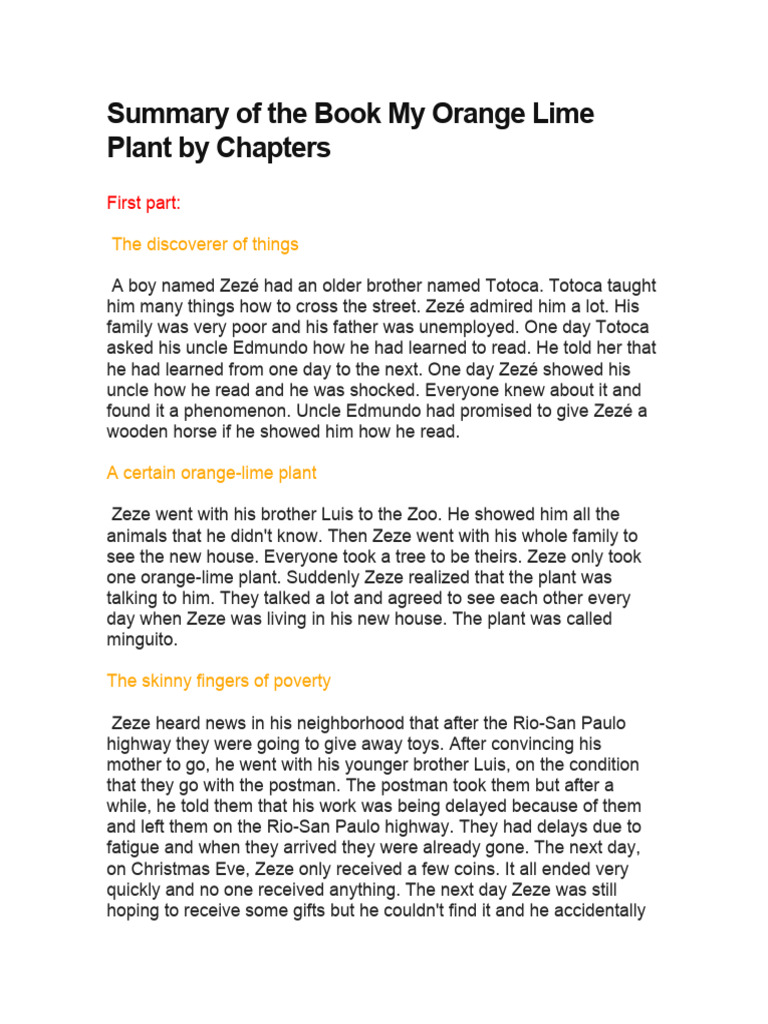 Summary of The Book My Orange Lime Plant by Chapters | PDF