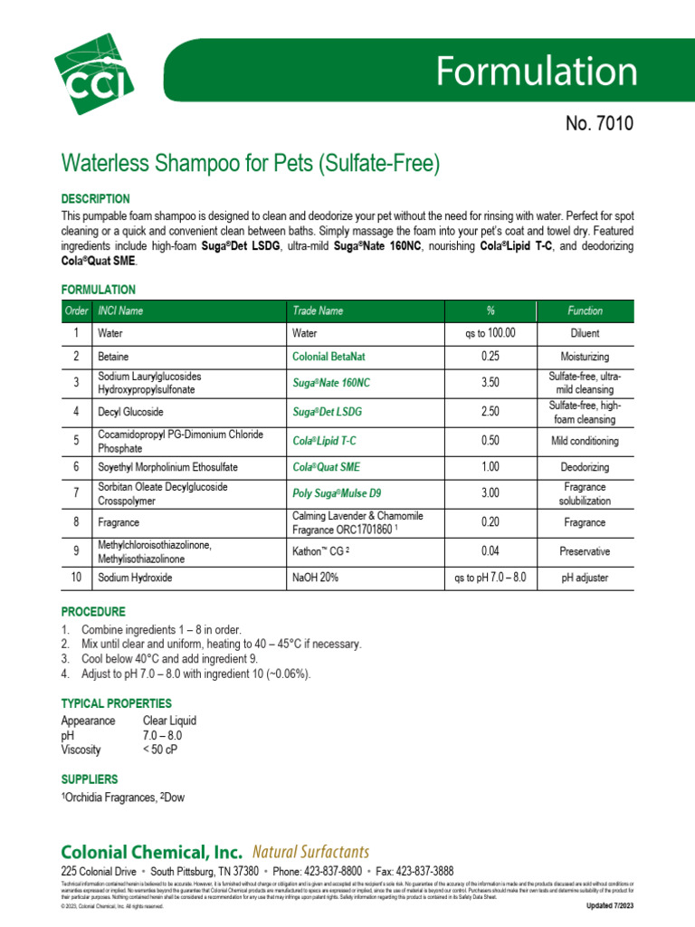 Waterless Pet Shampoo Formula Guide | PDF | Shampoo | Chemistry