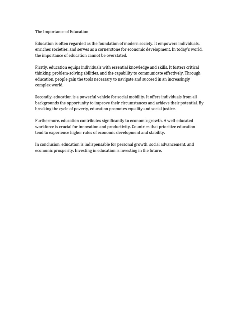 Essay1 Importance Of Education Pdf Career Growth Politics