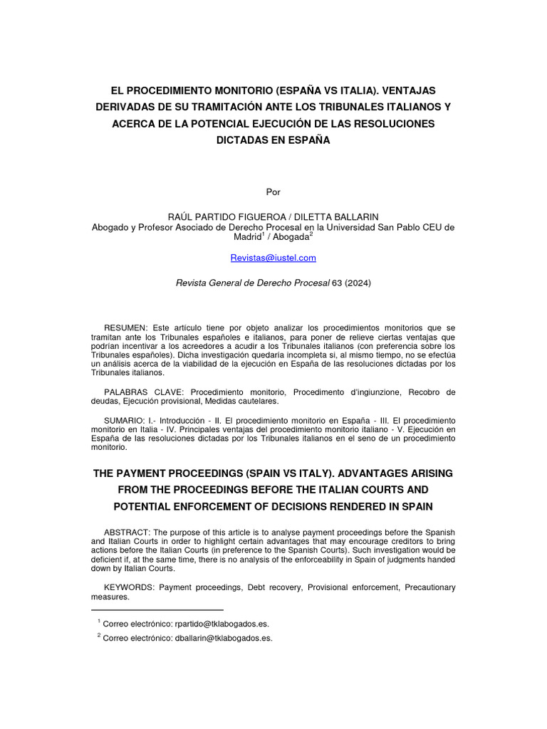 Procedimiento Monitorio en España e Italia | PDF | Demanda judicial | Pagos