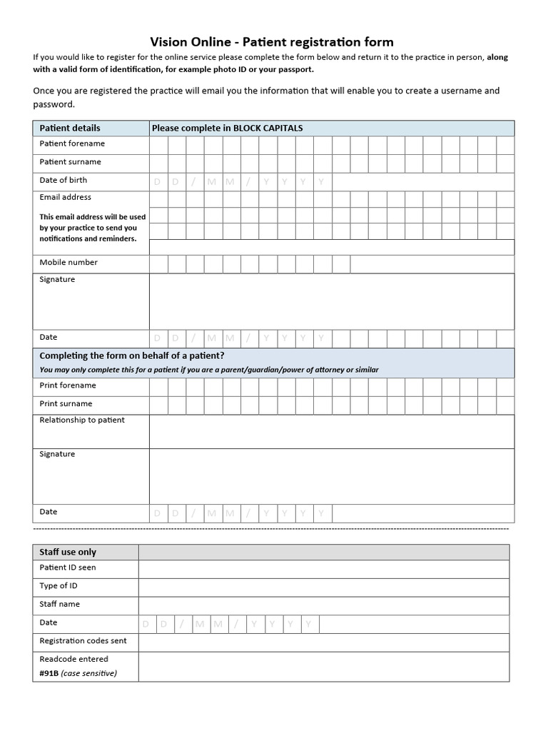 Vision Online Patient Registration Form | PDF | Identity Document ...