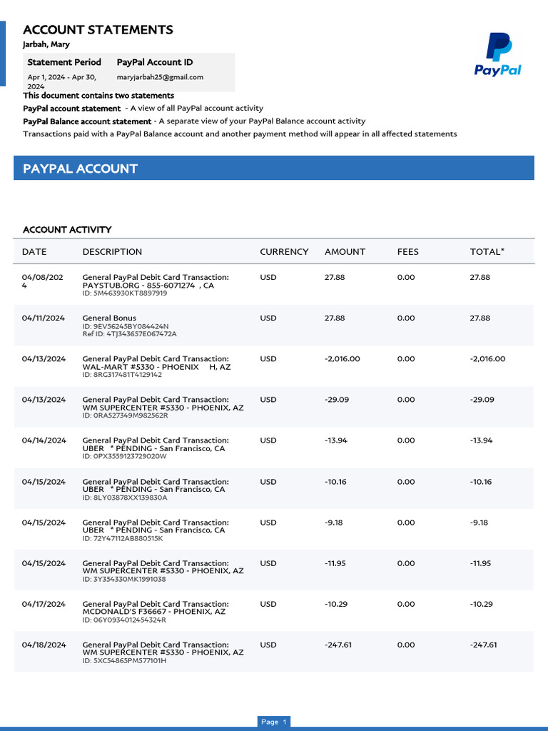 Statement 2024 Pdf Pay Pal Debit Card