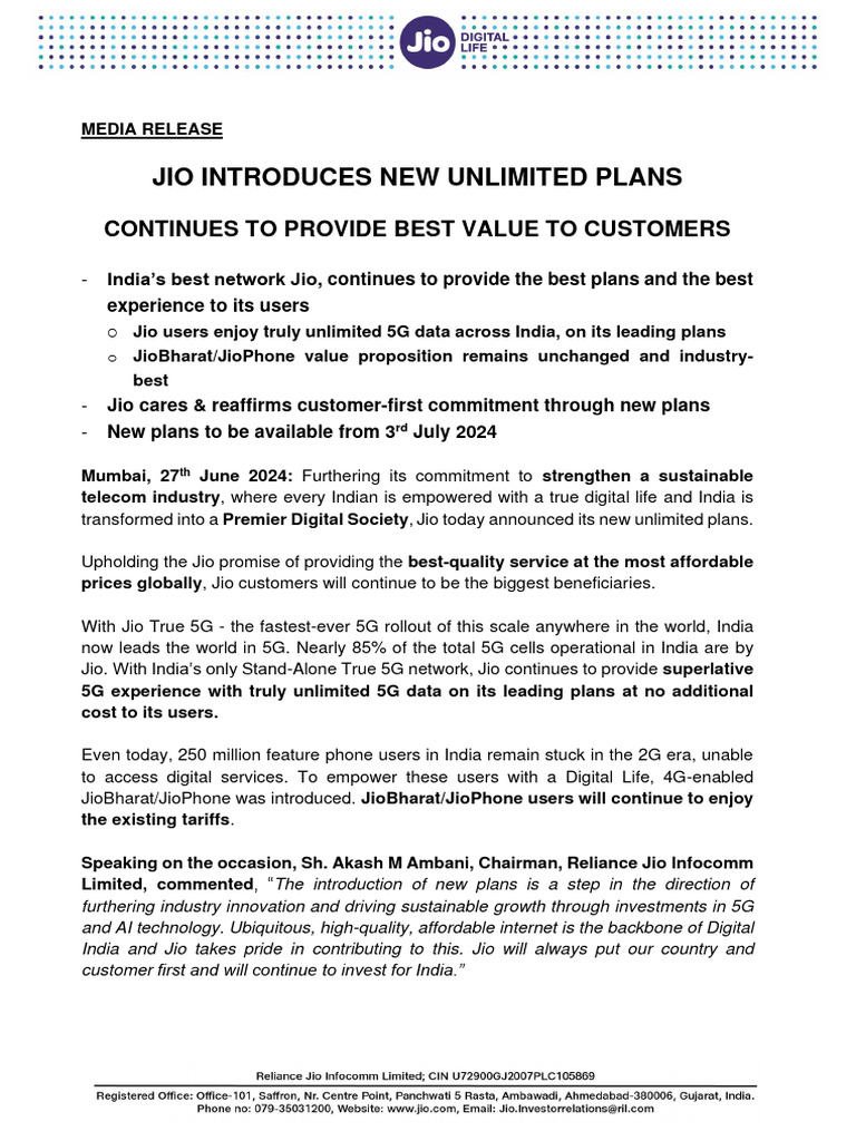 MR Jio Introduces New Unlimited Plans | PDF | Telecommunications ...