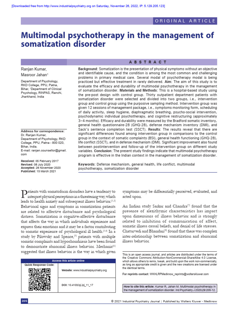 Multimodal Psychotherapy in The Management of Soma | PDF ...