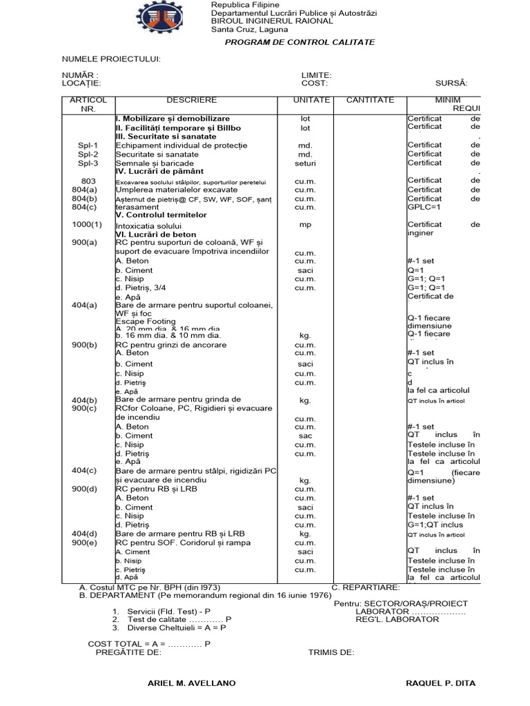 Program de Control Al Calitatii - Formular | PDF