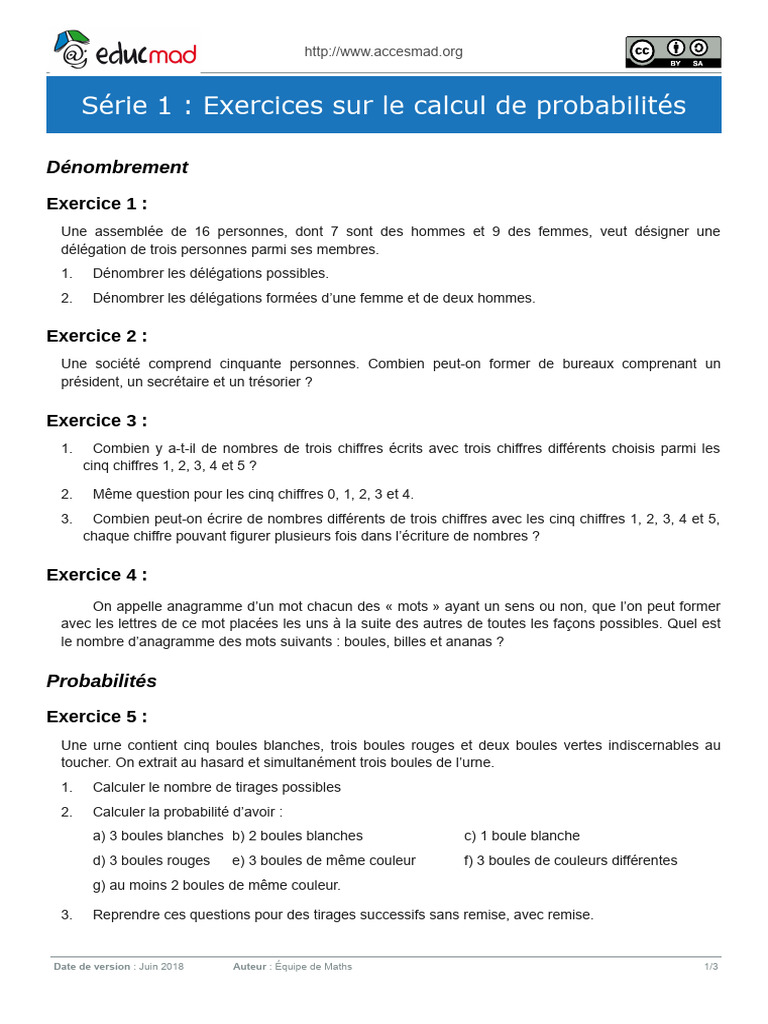 2a - Série 1 Calcul de Probabilités - revRC - 20180618 | PDF | Probabilité