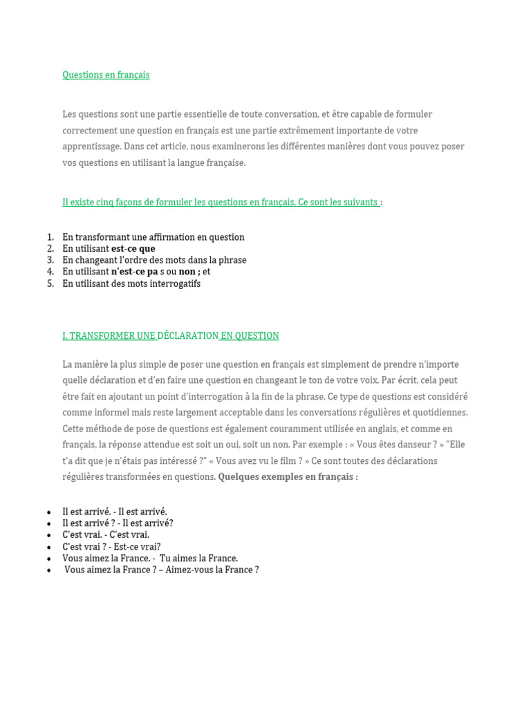 Formuler des questions en français | PDF | Question | Genre grammatical