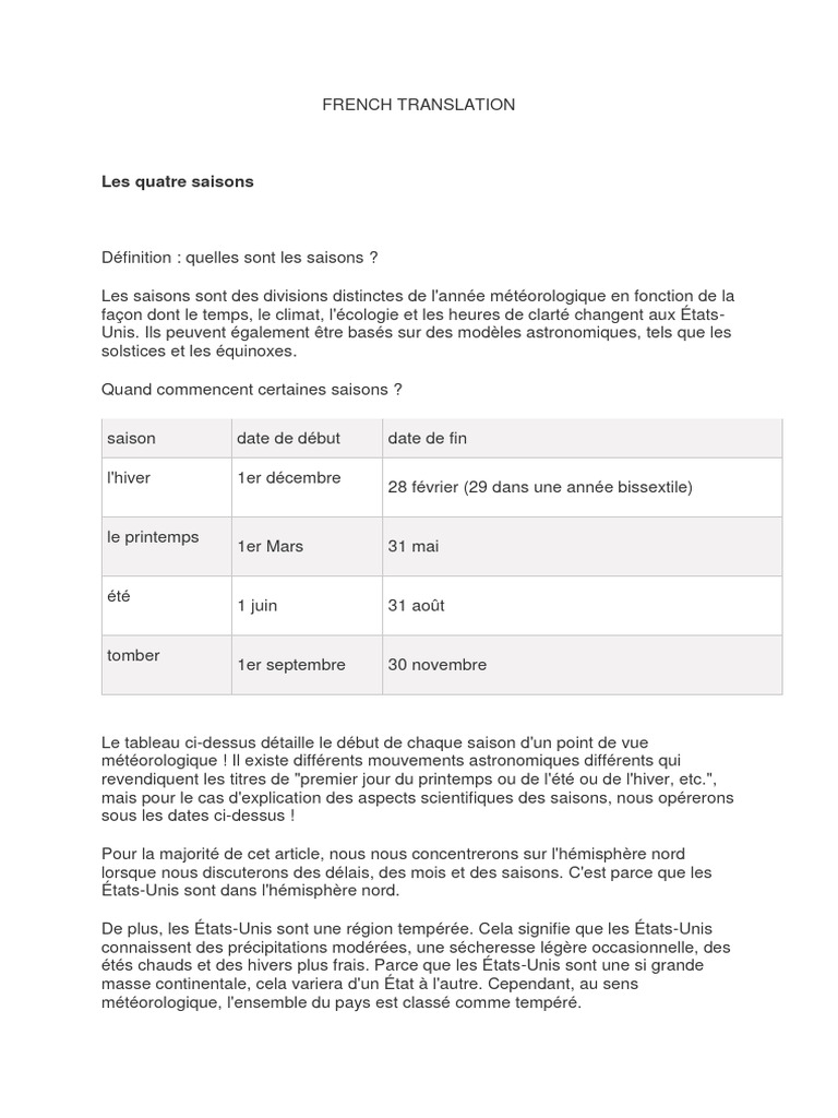 Les Quatre Saisons en Français | PDF | Hiver | Printemps