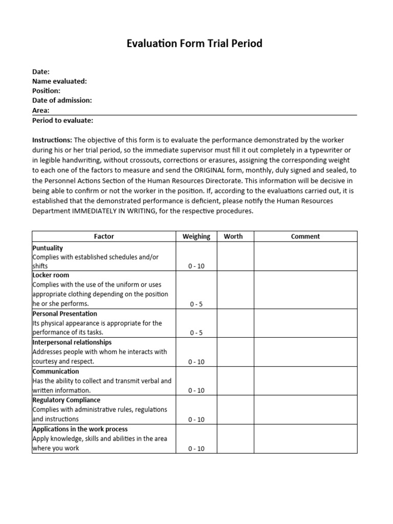 Performance evaluation form trial period pdf performance appraisal