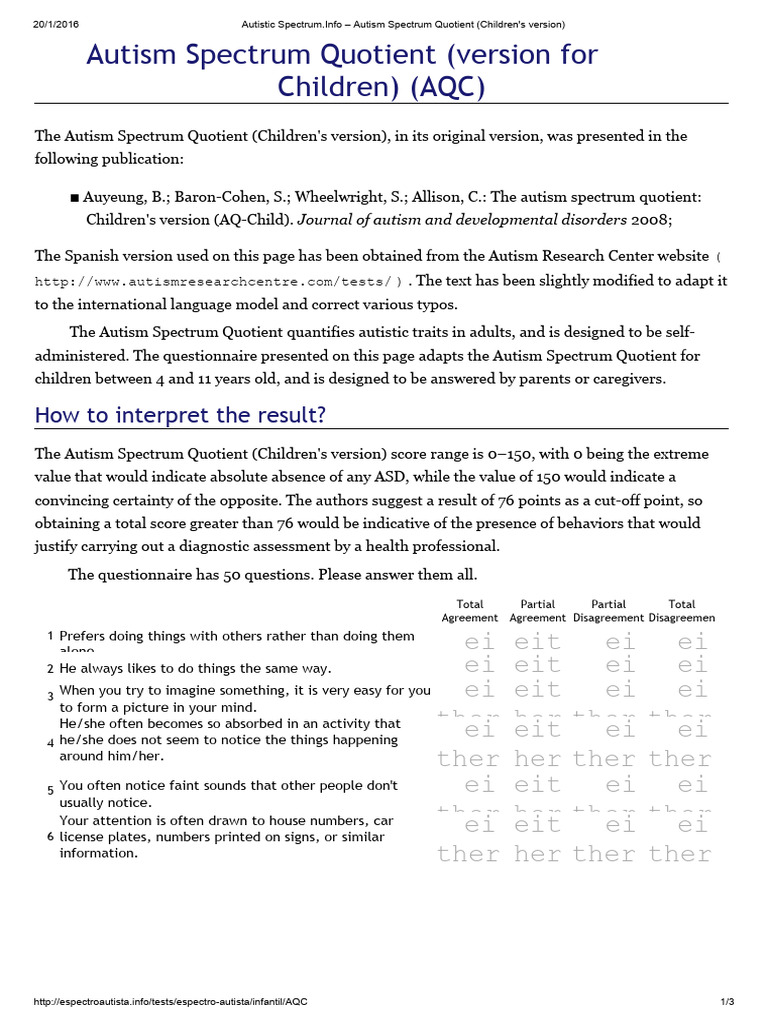 Autism Spectrum Quotient for Children | PDF | Autism Spectrum ...