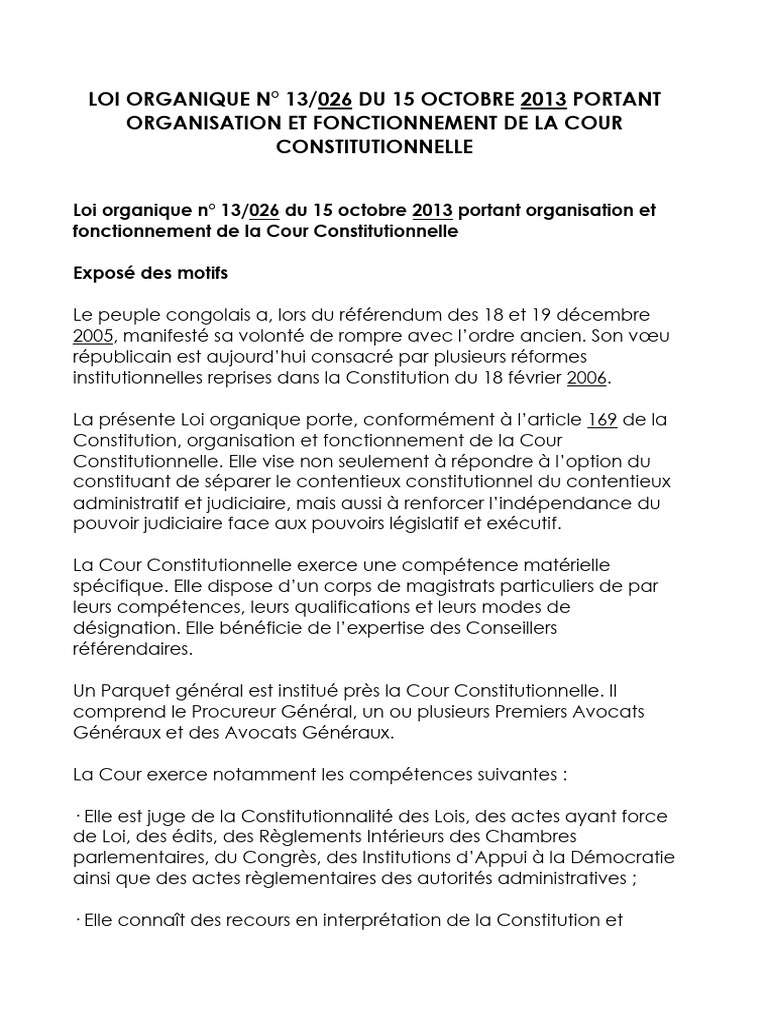 Organisation de la Cour Constitutionnelle RDC | PDF | Magistrat ...