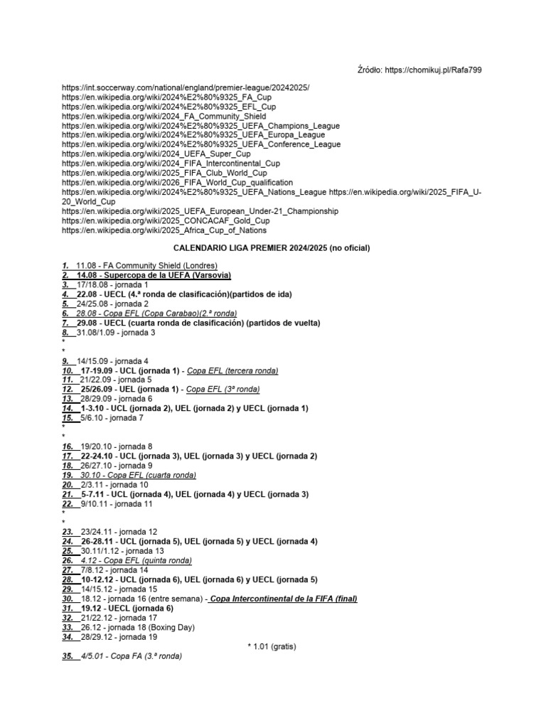 Calendario de La Premier League 2024/2025 | Descargar gratis PDF | Liga