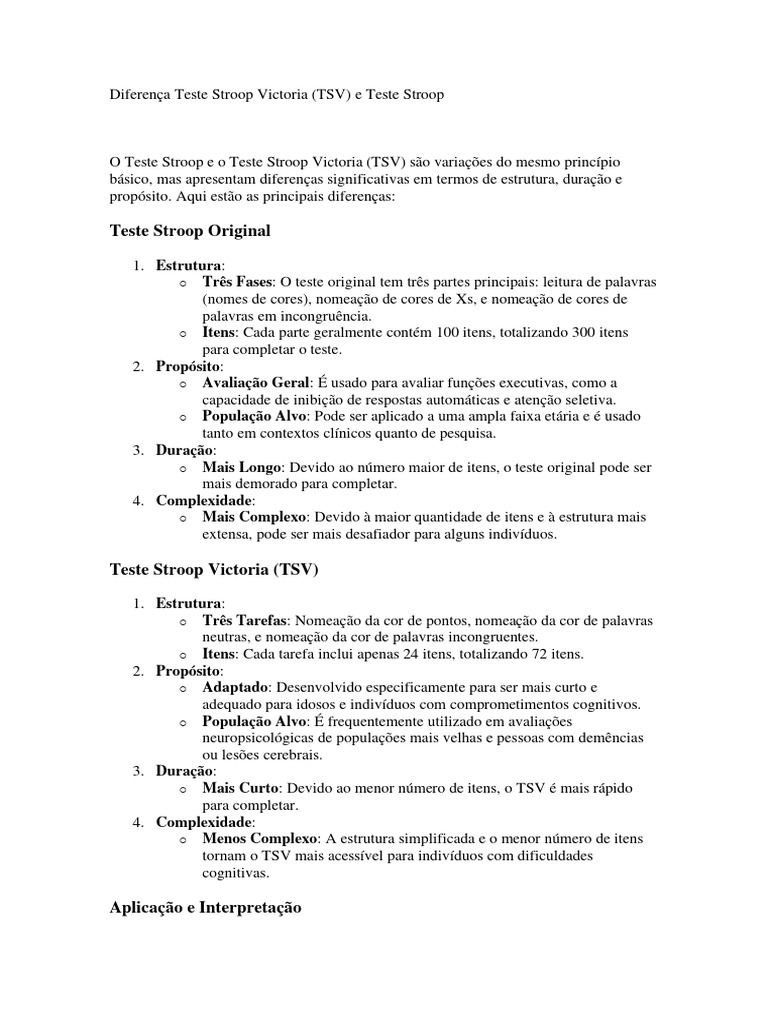 Diferença Teste Stroop Victoria (TSV) e Teste Stroop | PDF ...