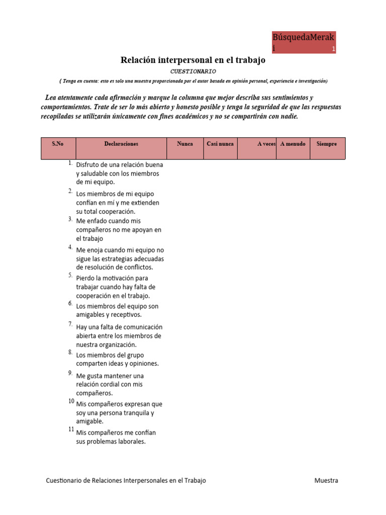 Cuestionario de Relaciones Interpersonales en El Trabajo 2 | PDF
