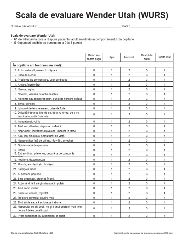 Scala de Evaluare Wender Utah | PDF
