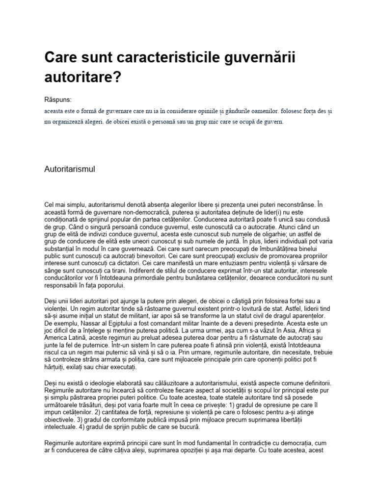 Care Sunt Caracteristicile Guvernului Autoritar | PDF