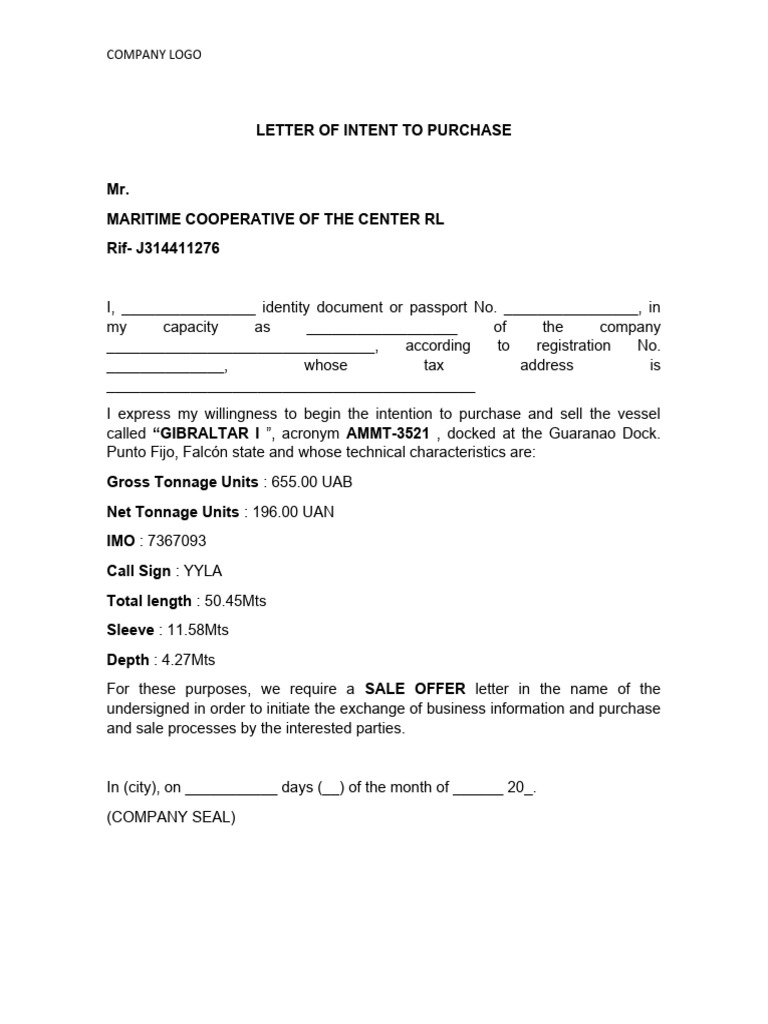 Letter of Intent to Purchase Vessel | PDF | Business | Finance & Money ...