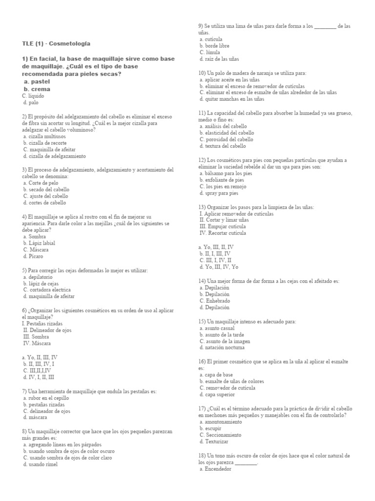Preguntas sobre Cosmetología y Maquillaje | PDF | Clavo (anatomía ...
