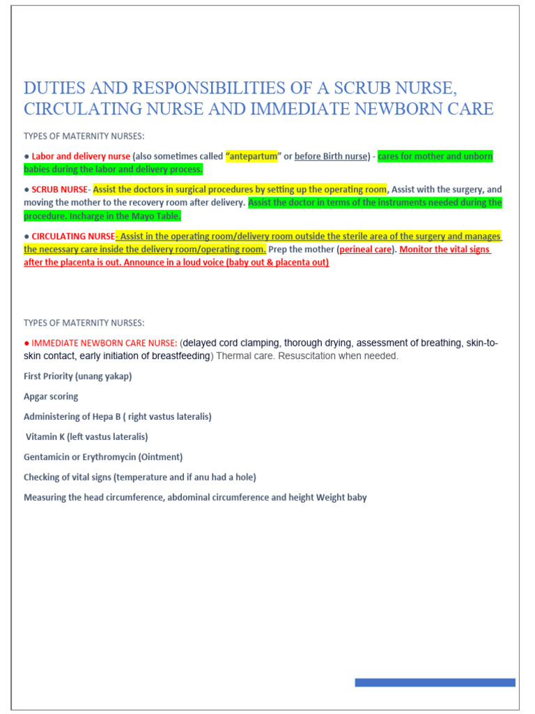 Duties and Responsibilities of A Scrub Nurse, Circulating Nurse and